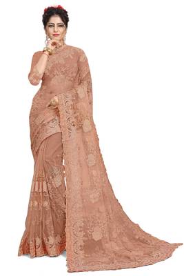 Beige embroidered net saree with blouse 1