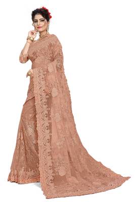 Beige embroidered net saree with blouse 2