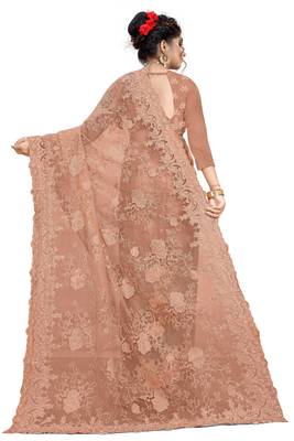 Beige embroidered net saree with blouse 3