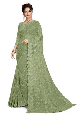 Mehendi embroidered net saree with blouse 1