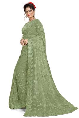 Mehendi embroidered net saree with blouse 2