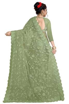 Mehendi embroidered net saree with blouse 3
