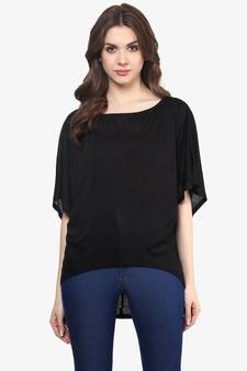 Women's Black Boat Neck Continuous Sleeves High Low Hemline Top