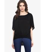 Women's Black Boat Neck Continuous Sleeves High Low Hemline Top