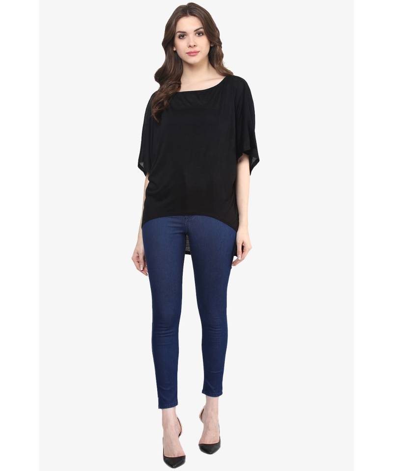 Women's Black Boat Neck Continuous Sleeves High Low Hemline Top