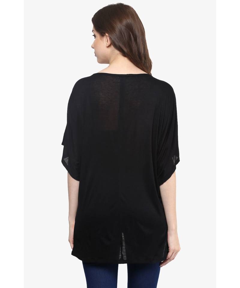 Women's Black Boat Neck Continuous Sleeves High Low Hemline Top