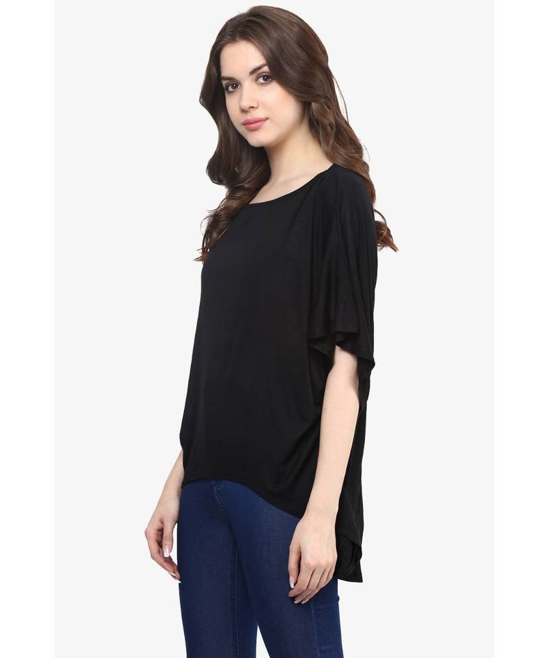 Women's Black Boat Neck Continuous Sleeves High Low Hemline Top