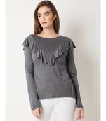 Women's Grey Round Neck full_sleeves Solid Ruffled Top