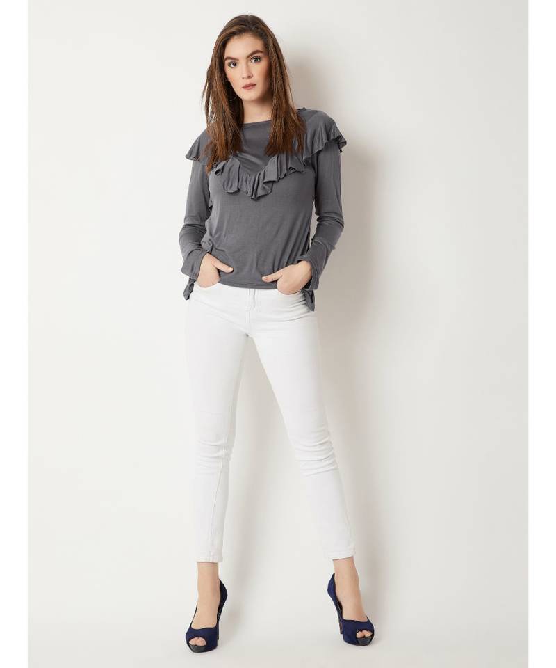 Women's Grey Round Neck full_sleeves Solid Ruffled Top