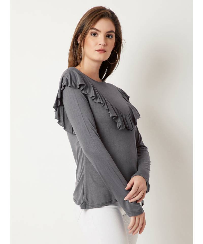 Women's Grey Round Neck full_sleeves Solid Ruffled Top