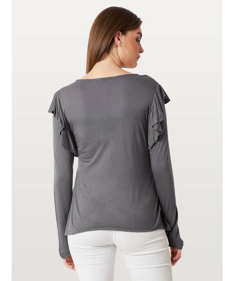 Women's Grey Round Neck full_sleeves Solid Ruffled Top