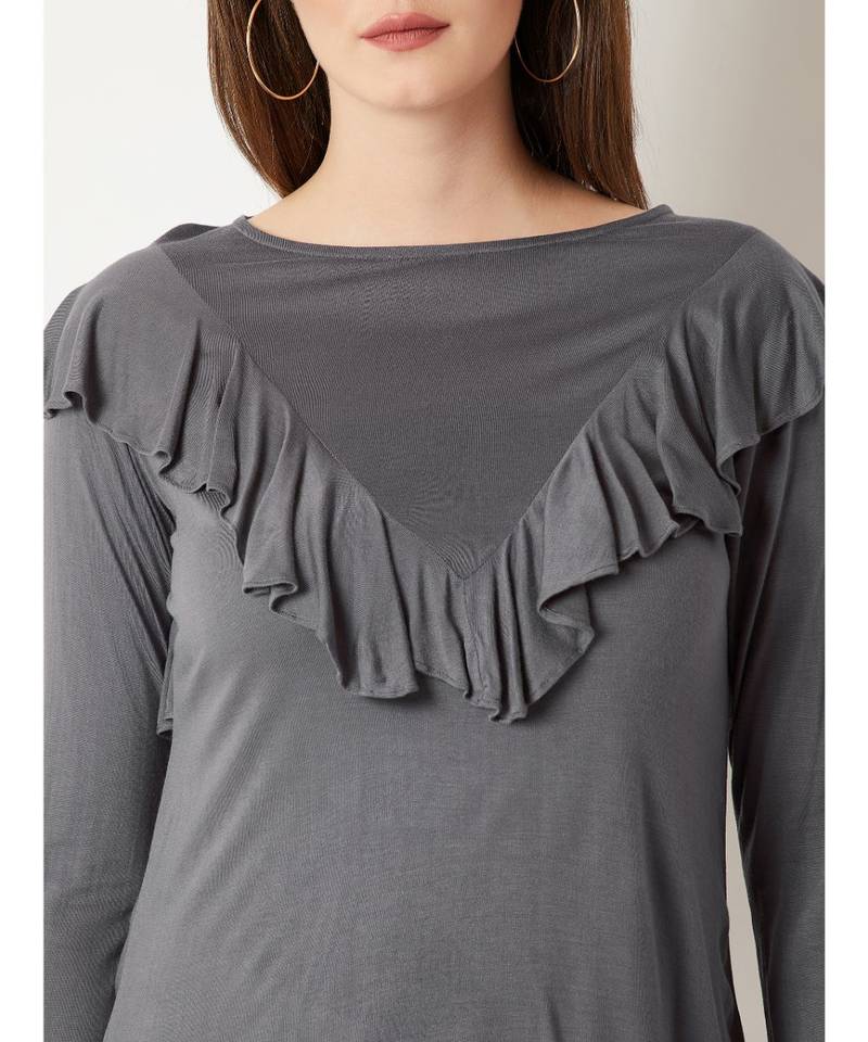Women's Grey Round Neck full_sleeves Solid Ruffled Top