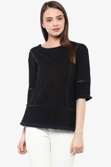 Women's Black quarter_sleeve Round Neck Solid Paneled Top