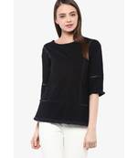 Women's Black quarter_sleeve Round Neck Solid Paneled Top