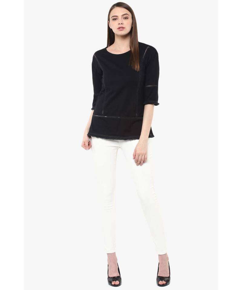 Women's Black quarter_sleeve Round Neck Solid Paneled Top
