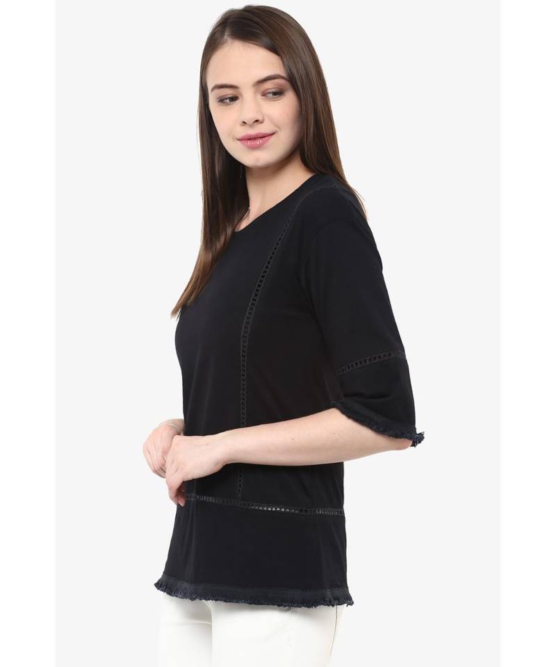 Women's Black quarter_sleeve Round Neck Solid Paneled Top