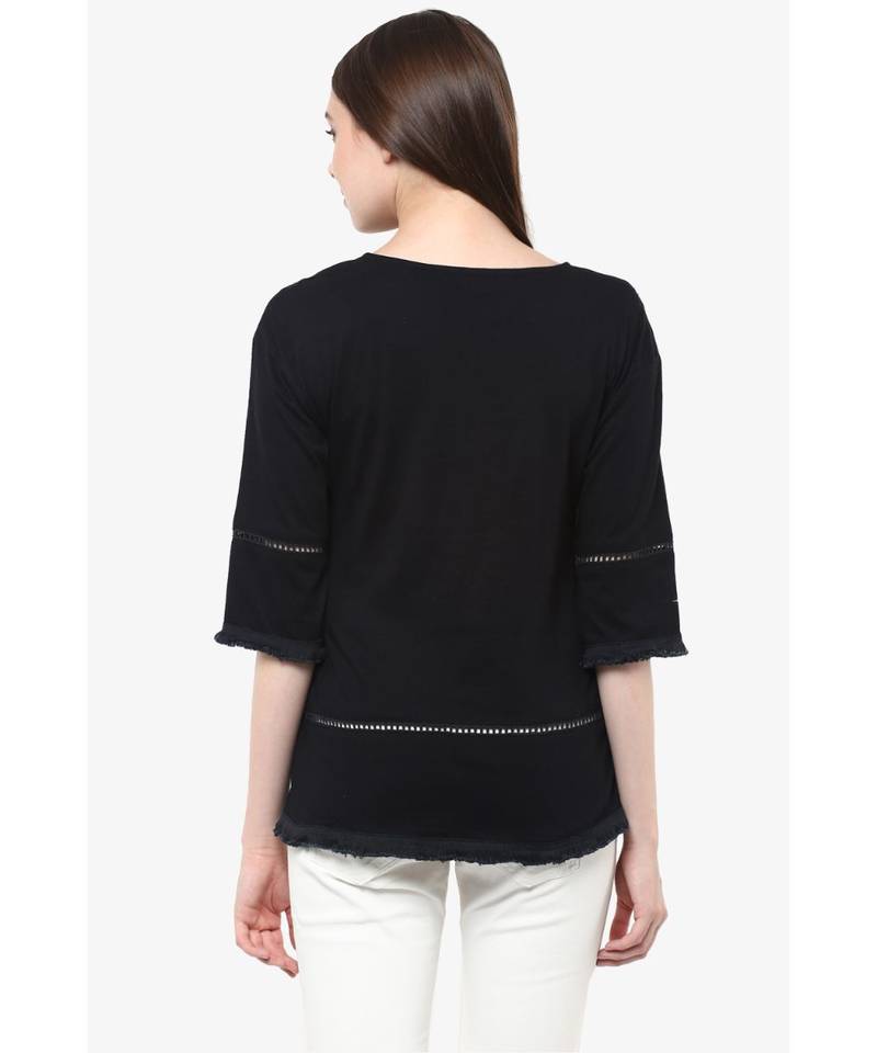Women's Black quarter_sleeve Round Neck Solid Paneled Top