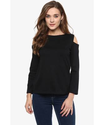 Women's Black Solid Shoulder Cut Out full_sleeve Round Neck Tops 1