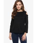 Women's Black Solid Shoulder Cut Out full_sleeve Round Neck Tops