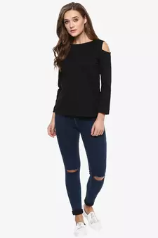 Women's Black Solid Shoulder Cut Out full_sleeve Round Neck Tops