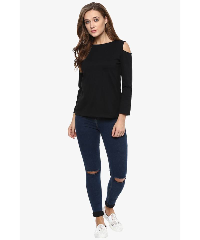 Women's Black Solid Shoulder Cut Out full_sleeve Round Neck Tops
