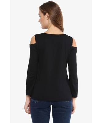 Women's Black Solid Shoulder Cut Out full_sleeve Round Neck Tops 3