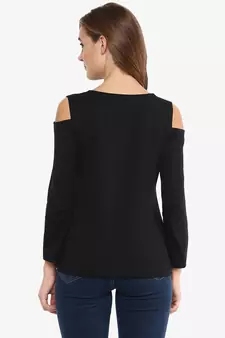 Women's Black Solid Shoulder Cut Out full_sleeve Round Neck Tops