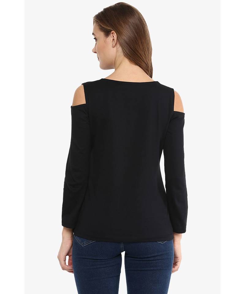 Women's Black Solid Shoulder Cut Out full_sleeve Round Neck Tops