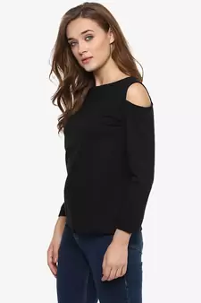 Women's Black Solid Shoulder Cut Out full_sleeve Round Neck Tops