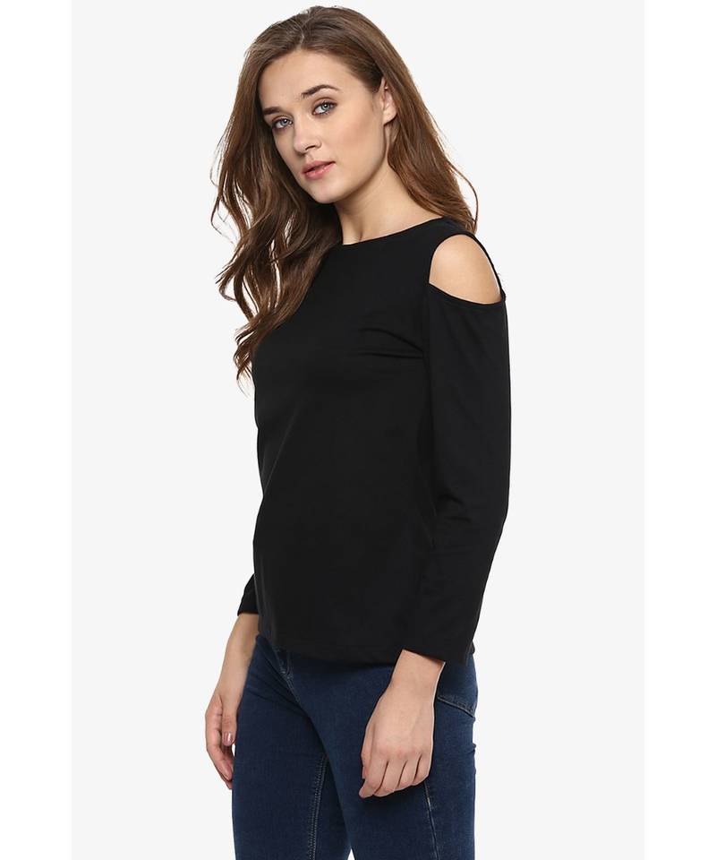 Women's Black Solid Shoulder Cut Out full_sleeve Round Neck Tops