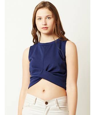 Women's blue Round Neck sleeveless Plain Solid Twisted Paneled Crop Top 1