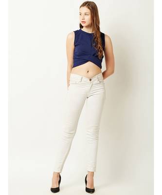 Women's blue Round Neck sleeveless Plain Solid Twisted Paneled Crop Top 2