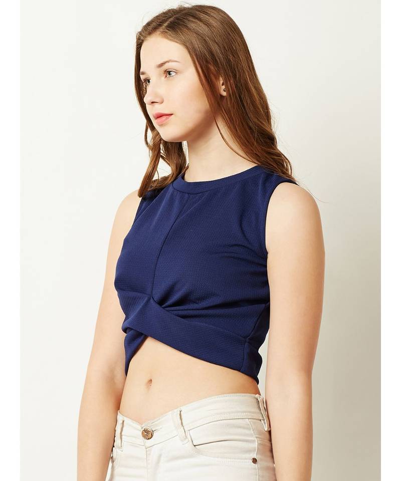 Women's blue Round Neck sleeveless Plain Solid Twisted Paneled Crop Top