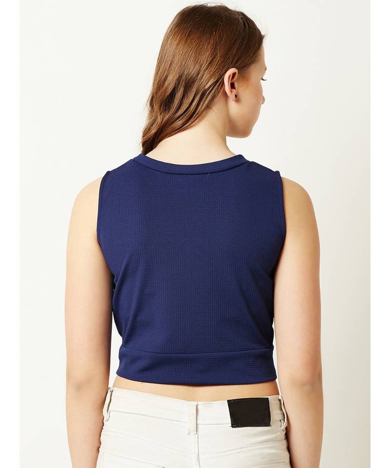 Women's blue Round Neck sleeveless Plain Solid Twisted Paneled Crop Top
