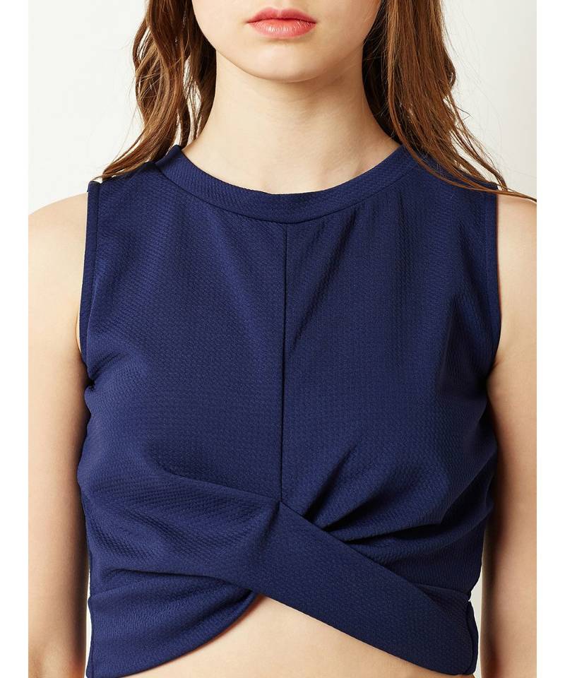 Women's blue Round Neck sleeveless Plain Solid Twisted Paneled Crop Top