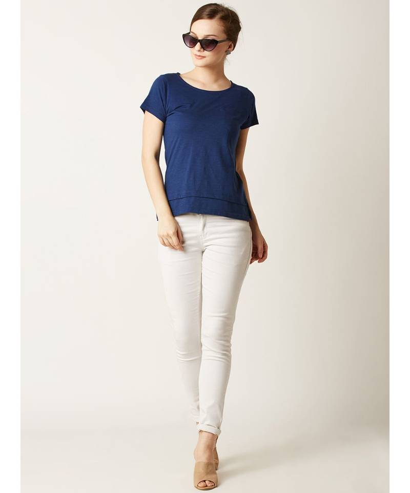 Women's blue Round Neck short_sleeve Plain Solid Layered Top