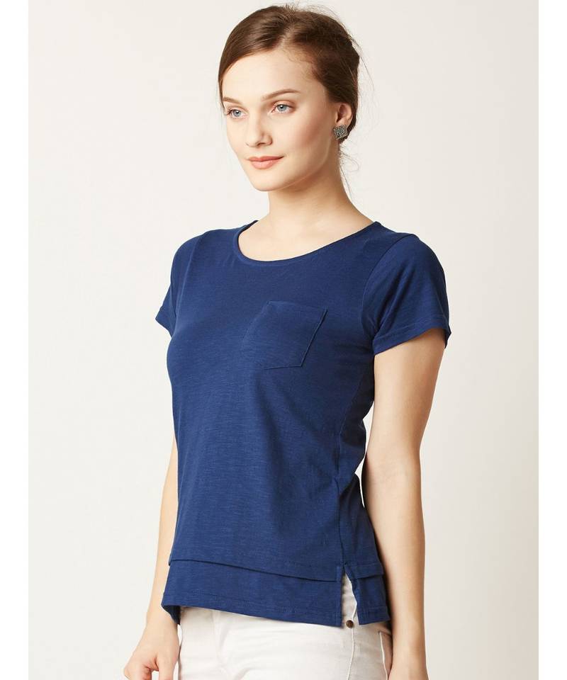 Women's blue Round Neck short_sleeve Plain Solid Layered Top
