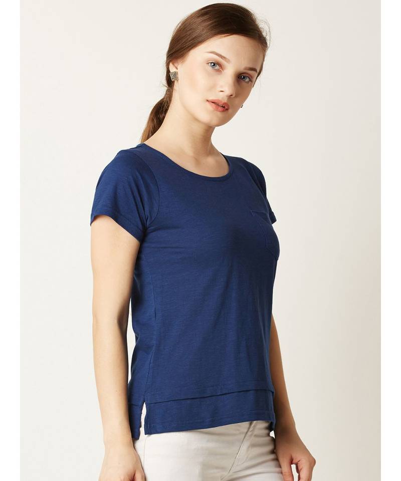 Women's blue Round Neck short_sleeve Plain Solid Layered Top