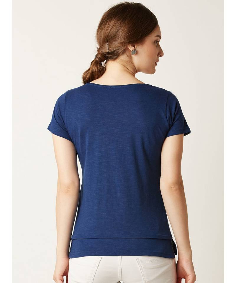 Women's blue Round Neck short_sleeve Plain Solid Layered Top