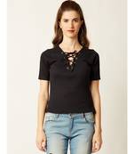 Women's Black V-Neck short_sleeve Plain Solid Criss Cross Tie-Up Top