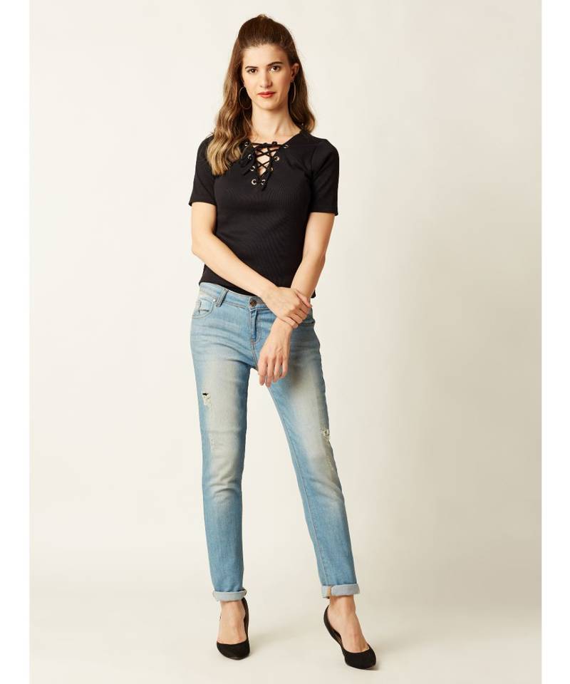 Women's Black V-Neck short_sleeve Plain Solid Criss Cross Tie-Up Top