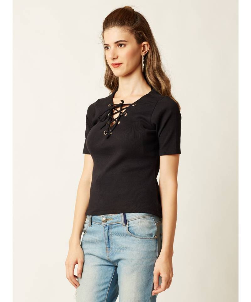 Women's Black V-Neck short_sleeve Plain Solid Criss Cross Tie-Up Top