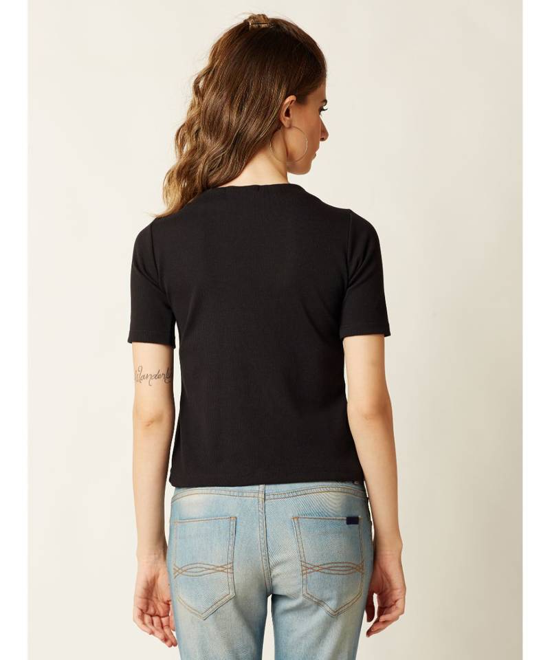 Women's Black V-Neck short_sleeve Plain Solid Criss Cross Tie-Up Top