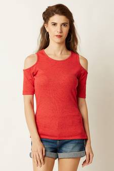 Women's Coral Round Neck half_sleeve Plain Solid Ribbed Cold Shoulder Textured Top