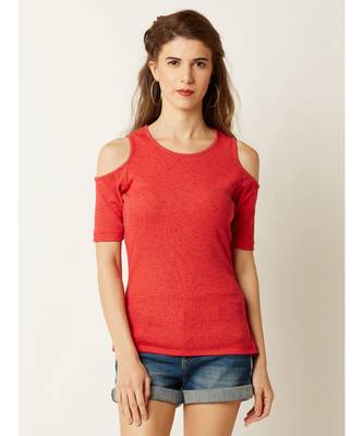 Women's Coral Round Neck half_sleeve Plain Solid Ribbed Cold Shoulder Textured Top 1