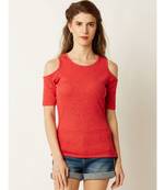 Women's Coral Round Neck half_sleeve Plain Solid Ribbed Cold Shoulder Textured Top