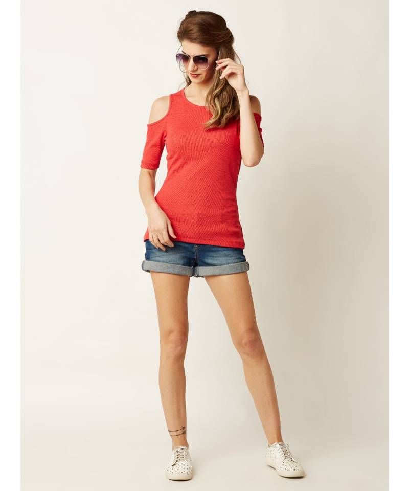 Women's Coral Round Neck half_sleeve Plain Solid Ribbed Cold Shoulder Textured Top