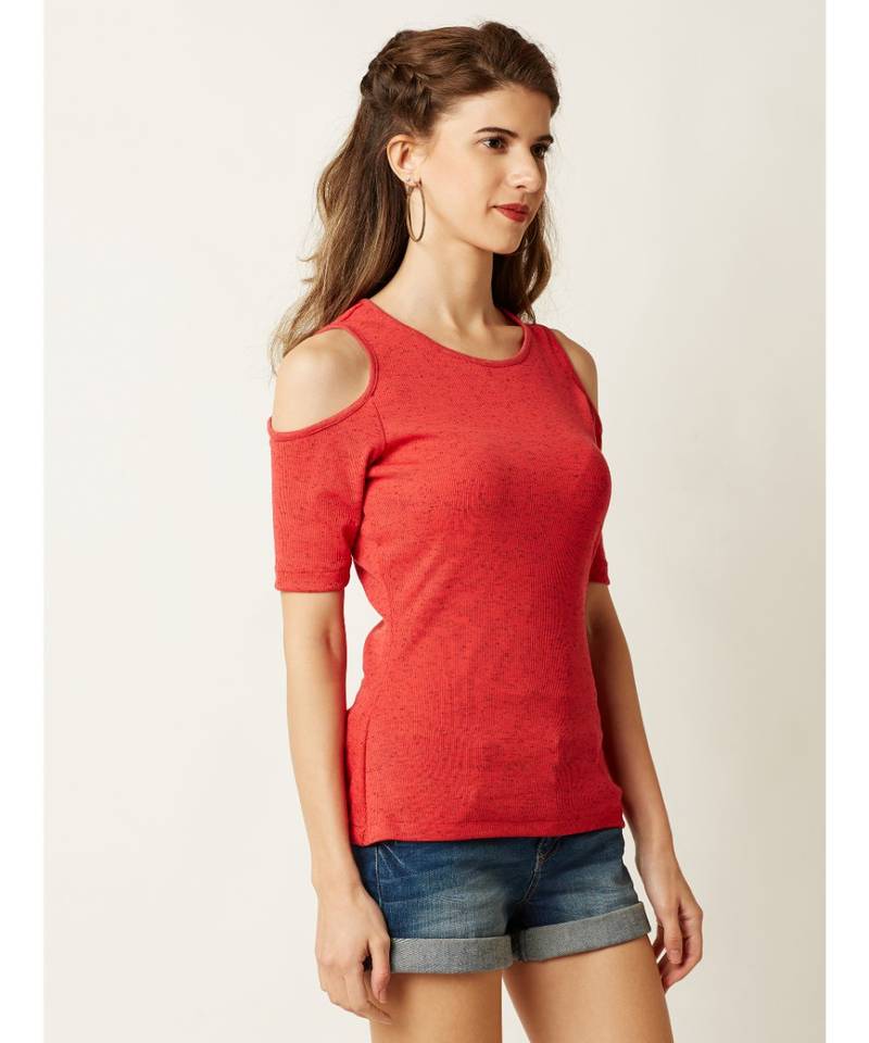 Women's Coral Round Neck half_sleeve Plain Solid Ribbed Cold Shoulder Textured Top