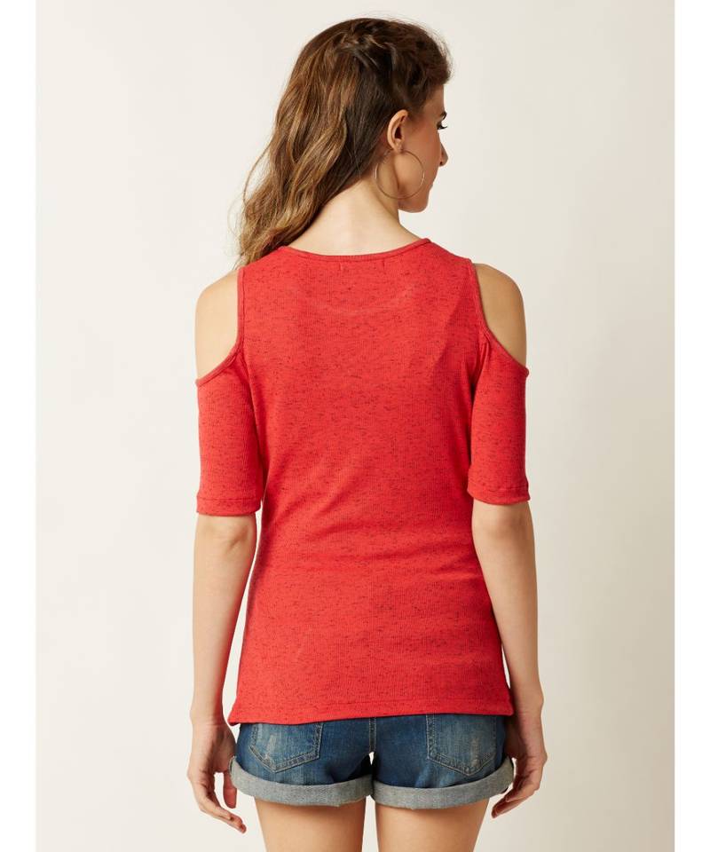 Women's Coral Round Neck half_sleeve Plain Solid Ribbed Cold Shoulder Textured Top
