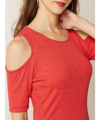 Women's Coral Round Neck half_sleeve Plain Solid Ribbed Cold Shoulder Textured Top 5